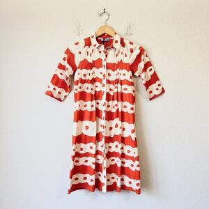 MIMISOL Long Shirt Dress Orange White Abstract Pleated Cotton Artsy NWT